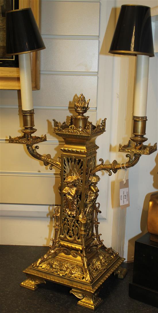 Pair 19th century ormolu twin branch candelabra, incl. shades(-)